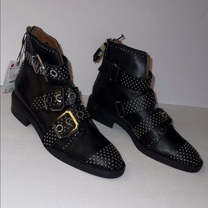 NWT Zara Leather Studded Moto Ankle Bootie Boots with Buckles Women’s Size 10